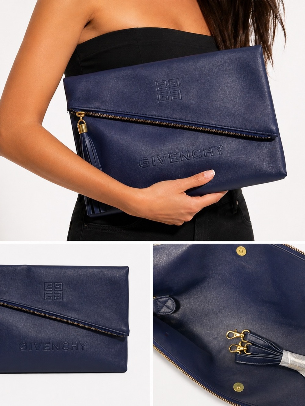 Beauty Line Multi wear Givenchy Navy Blue Leather Envelope Clutch with Tassel